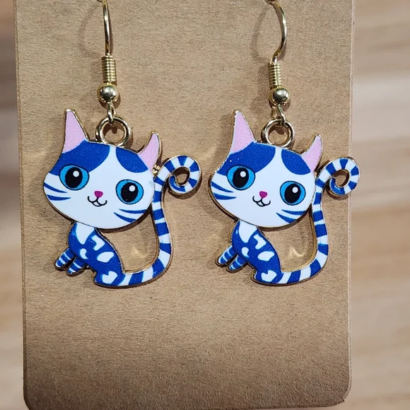 Handmade Blue Tiger Cat & Ouija Board Eye Earrings Set - Picture 4 of 6